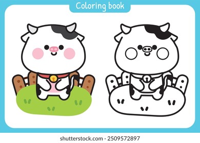 Colorir book.Painting livro para kid.School.Page.Cute vaca stand na cerca de madeira grama.Fazenda animal desenho animado.Kawaii.Vetor.Illustration.