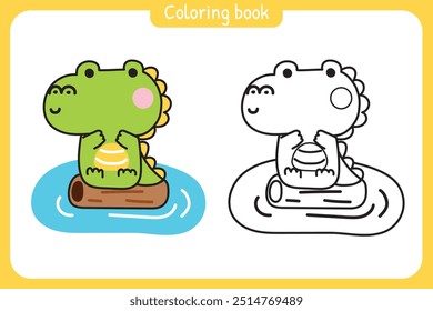 Livro de colorir.Livro de pintura para kid.School.Page.Crocodilo bonito sentar-se em madeira River.Reptile desenho de personagem animal.Kawaii.Vetor.Illustration.