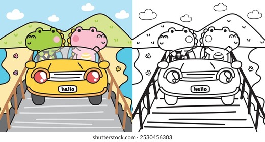 Coloring book.Painting book for kid.School.Page.Cute crocodile drive car on the beach road sea background.Traffic.Vehicle.Travel.Trip.Love.Summer.Animal character cartoon design.Kawaii.Vector.