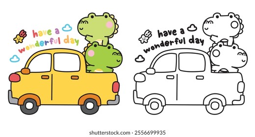 Coloring book.Painting book for kid.School.Page.Cute crocodile stay on pickup truck car with have a wonderful day text cloud and rainbow star.Vehicle.Reptile animal character cartoon.Kawaii