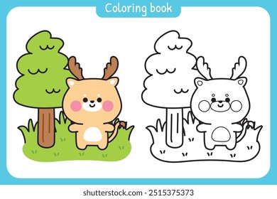 Libro para colorear. Libro de pintura para niños. Escuela. Página. Puesto de ciervo lindo con árbol sobre fondo de hierba. Selva. Diseño de dibujos animados de personajes de animales salvajes. Kawaii. Vector. Ilustración.