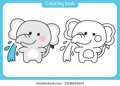 Livro de colorir.Livro de pintura para kid.School.Page.Cute elefante spray água.Personagem animal selvagem desenho animado.Kawaii.Vetor.Illustration.