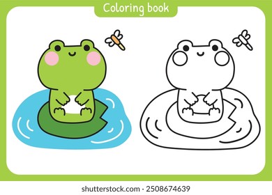 Coloring book.Painting book for kid.School.Page.Cute frog sit on leaf river background.Dragonfly.Reptile animal character cartoon design.Kawaii.Vector.Illustration.