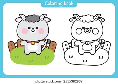 Coloring book.Painting book for kid.School.Page.Cute goat stand on grass wooden fence.Farm animal character cartoon design.Kawaii.Vector.Illustration.