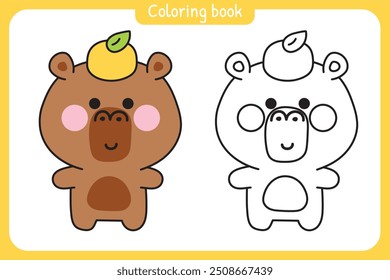 Coloring book.Painting book for kid.School.Page.Cute kapybara have orange on head.Rodent animal character cartoon design.Kawaii.Vector.Illustration.