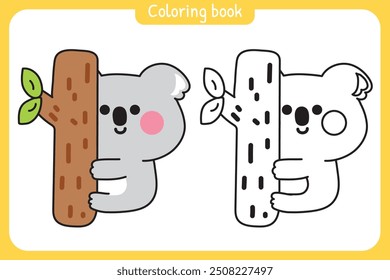 Coloring book.Painting book for kid.School.Page.Cute koala bear clinging to a tree.Wild mammals animal character cartoon design.Kawaii.Vector.Illustration.