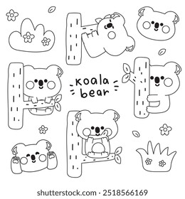 Coloring book.Painting book for kid.School.Page.Cute koala bear in various poses stay on tree.Nature.Flower.Leaf.Glass.Wild mammals animal character cartoon design.Kawaii.Vector.Illustration.