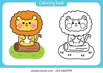 Libro para colorear. Libro de pintura para niños. Escuela. Página. León lindo sentado en la hierba de madera de tronco. Selva. Diseño de dibujos animados de animales salvajes. Kawaii. Vector. Ilustración.