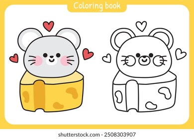 Coloring book.Painting book for kid.School.Page.Cute mouse head stay on cheese.Rat.Heart.Rodent animal character cartoon design.Kawaii.Vector.Illustration.