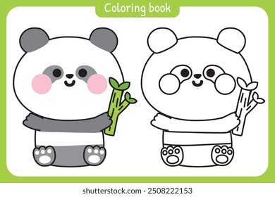 Coloring book.Painting book for kid.School.Page.Cute panda bear sit and hold bamboo.Chinese wild animal character cartoon design.Kawaii.Vector.Illustration.