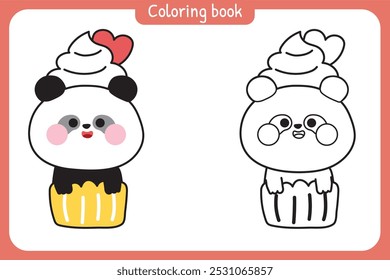 Coloring book.Painting book for kid.School.Page.Cute panda teddy bear in cupcake.Bakery and Sweet hand drawn.Chinese wild animal character cartoon design.Image for card,sticker,baby clothing.Kawaii