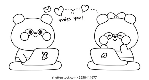 Coloring book.Painting book for kid.School.Page.Cute panda teddy bear send love mail.Miss you text.Laptop.Work.Heart.Valentines day.Chinese wild animal character cartoon design.Kawaii.Vector