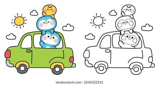 Libro para colorear. Libro de pintura para niños. Escuela. Página. Lindo pingüino y pollo permanecen en el coche verde con sol y nube. Tráfico. Vehículo. Caricatura de animales de granja de aves dibujado a mano design. Kawaii. Vector.