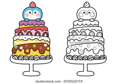 Coloring book.Painting book for kid.School.Page.Cute penguin stay on big cake.Happy birthday.Celebration party.Chocolate.Strawberry.Whipping cream.Polar bird animal character cartoon design.Kawaii.