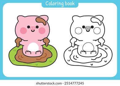 Coloring book.Painting book for kid.School.Page.Cute pig play in mud on ground.Farm animal character cartoon design.Kawaii.Vector.Illustration.