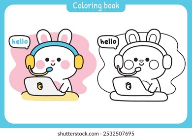 Libro para colorear. Libro de pintura para niños. Escuela. Página. Lindo conejo centro de llamadas trabajo. Conejito. Pascua. Servicio al cliente. Diseño de dibujos animados de personajes de animales de roedores. Kawaii. Vector. Ilustración.