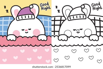 Coloring book.Painting book for kid.School.Page.Cute rabbit bunny sleeping on the bed.Pillow.Bedroom.Take a rest.Dream.Good night.Rodent animal character cartooon.Kawaii.Vector.Illustration