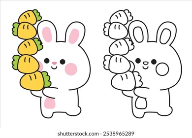 Coloring book.Painting book for kid.School.Page.Cute rabbit hold many carrot.Easter.Vegetable.Rodent animal character cartoon.Kawaii.Vector.Illustration.