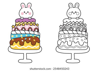 Coloring book.Painting book for kid.School.Page.Cute rabbit bunny stay on big cake.Happy birthday.Celebration party.Chocolate.Strawberry.Rodent animal character cartoon design.Kawaii.Vector.