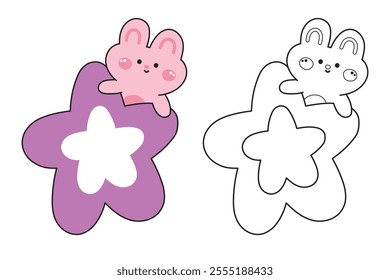 Coloring book.Painting book for kid.School.Page.Cute rabbit bunny on star.Easter.Rodent animal character cartoon design.Kawaii.Vector.Illustration.