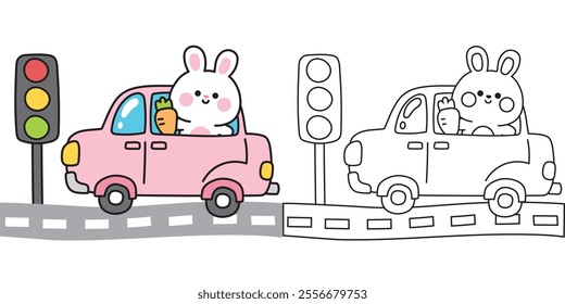 Coloring book.Painting book for kid.School.Page.Cute rabbit bunny with carrot stay on car .Traffic.Vehicle.Rodent animal character cartoon hand drawn design.Kawaii.Vector.Illustration.