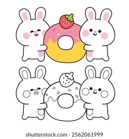 Coloring book.Painting book for kid.School.Page.Cute rabbit bunny with strawberry donut.Bakery and sweet hand drawn.Rodent animal character cartoon design.Kawaii.Vector.Illustration.