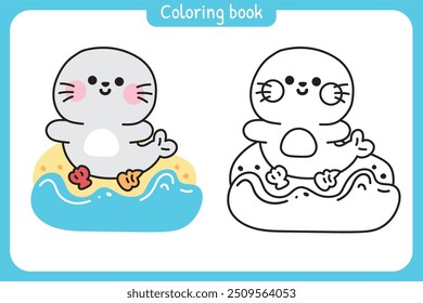Coloring book.Painting book for kid.School.Page.Cute seal stay on sand beach with shell.Summer.Mammals animal character cartoon design.Kawaii.Vector.Illustration.