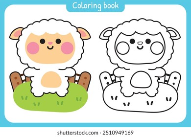 Livro de colorir.Livro de pintura para kid.School.Page.Cute carneiro ficar na cerca de madeira grama.Design de desenho animado animal da fazenda.Kawaii.Vetor.Illustration.