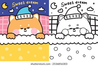 Libro para colorear. Libro de pintura para niños. Escuela. Página. Lindo perro shiba inu durmiendo en la cama con luna y nubes. Dulce texto de sueño. Almohada. Dormitorio. Tome un descanso. Sueño. Buenas noches. Dibujos animados de animales domésticos japoneses