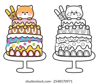 Coloring book.Painting book for kid.School.Page.Cute shiba inu dog stay on big cake.Happy birthday.Celebration party.Chocolate.Strawberry.Star.Japanese pet animal character cartoon design.Kawaii.