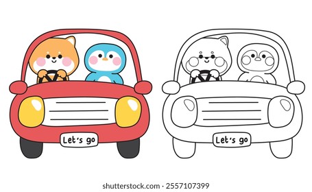 Coloring book.Painting book for kid.School.Page.Cute shiba inu dog with penguin drive car.Vehicle.Traffic.Japanese pet and bird animal character cartoon.Kawaii.Vector.Illustration.