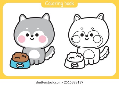 Coloring book.Painting book for kid.School.Page.Cute siberian husky looking at dog food.Pet animal character cartoon design.Kawaii.Vector.Illustration.