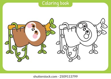 Coloring book.Painting book for kid.School.Page.Cute sloth is climbing on the tree with vine.Wild animal character cartoon design.Kawaii.Vector.Illustration.