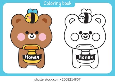 Libro para colorear. Libro de pintura para niños. Escuela. Página. Lindo osito de peluche sostener el tarro de miel con abeja. Diseño de dibujos animados de personajes de animales salvajes. Kawaii. Vector. Ilustración.