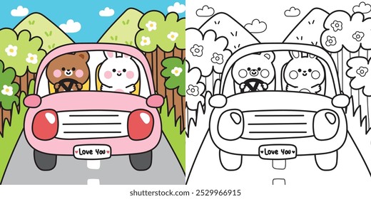 Livro de colorir.Livro de pintura para kid.School.Page.Cute ursinho de pelúcia e coelho dirigir carro na estrada de selva fundo.Traffic.Vehicle.Travel.Trip.Love.Animal personagem design.Kawaii.Vetor.