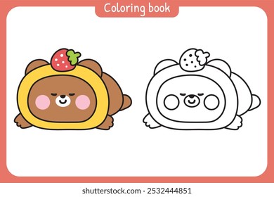 Coloring book.Painting book for kid.School.Page.Cute teddy bear with strawberry roll cake.Bakery and sweet hand drawn.Wild animal character cartoon design.Kawaii.Vector.Illustration.