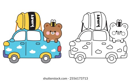 Coloring book.Painting book for kid.School.Page.Cute teddy bear stay on cloud pickup truck car with honey jar and bee.Traffic.Vehicle.Wild animal character cartoon hand drawn design.Kawaii.Vector.