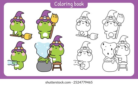 Libro para colorear. Libro de pintura para niños. Escuela. Página. Feliz halloween. Conjunto de bruja de rana linda varias poses. Escoba, veneno, mano mágica dibujada. Dibujos animados de personajes animales. Kawaii. Vector. Ilustración.