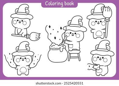 Coloring book.Painting book for kid.School.Page.Happy halloween.Set of cute rabbit witch various poses.Broom,poison,magic hand drawn.Animal character cartoon.Kawaii.Vector.Illustration.