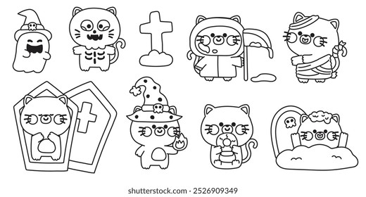 Libro para colorear. Libro de pintura para niños. Escuela. Página. Feliz halloween. Conjunto de gato lindo varias poses. Zombis, fantasma, bruja dibujado a mano. Dibujos animados de personajes animales. Kawaii. Vector. Ilustración.