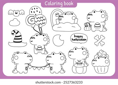 Libro para colorear. Libro de pintura para niños. Escuela. Página. Feliz halloween. Conjunto de cocodrilo lindo varias poses. Tumba, zombis, bruja, calabaza dibujada a mano. Caricatura de personaje animal. Kawaii. Vector. Ilustración.