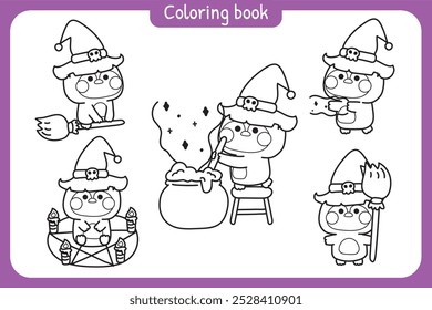 Libro para colorear. Libro de pintura para niños. Escuela. Página. Feliz halloween. Conjunto de bruja linda búho en varias poses festival de halloween. Escoba, magia, veneno dibujado a mano. Dibujos animados de animales. Kawaii. Vector. Ilustración.