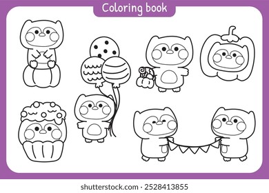 Libro para colorear. Libro de pintura para niños. Escuela. Página. Feliz halloween. Conjunto de búho lindo en varias poses festival de halloween. Cupcake, calabaza, globo dibujado a mano. Dibujos animados animales. Kawaii. Vector. Ilustración.