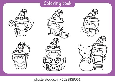 Libro para colorear. Libro de pintura para niños. Escuela. Página. Feliz halloween. Conjunto de linda bruja de perro shiba inu en varias poses festival de halloween. Escoba, magia, veneno dibujado a mano. Dibujos animados animales. Kawaii. Vector