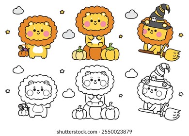 Coloring book.Painting book for kid.School.Page.Happy halloween.Cute lion in various poses halloween festival.Witch,broom,pumpkin,candy,cloud,star hand drawn.Night.Animal cartoon.Kawaii.Vector.