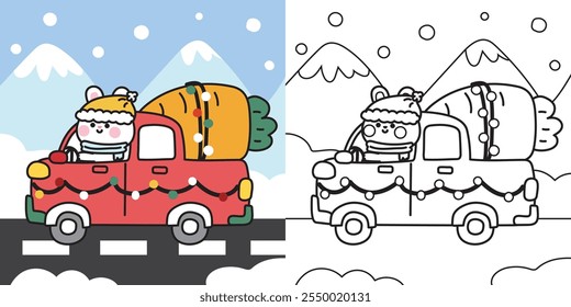 Colorir book.Painting livro para kid.School.Page.Merry natal.Happy novo year.Winter.Cute coelho drive caminhão carro com grande cenoura na estrada neve fundo.Animal personagem desenho animado.Kawaii.