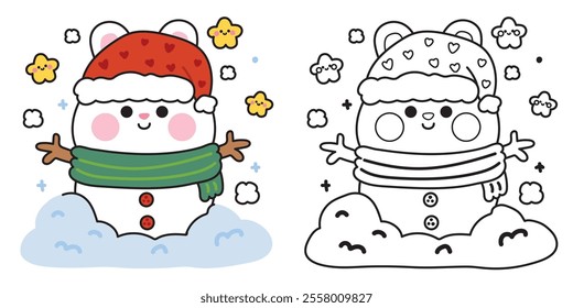 Coloring book.Painting book for kid.School.Page.Merry christmas.Happy new year festival.Winter.Cute rabbit bunny wear santa hat and scarf in snowman with star.Rodent animal cartoon.Kawaii.Vector.