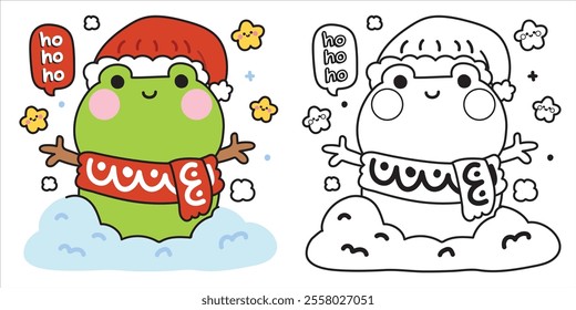 Coloring book.Painting book for kid.School.Page.Merry christmas.Happy new year festival.Winter.Cute frog wear scarf and santa hat in snowman with star and ho ho ho text.Reptile animal cartoon