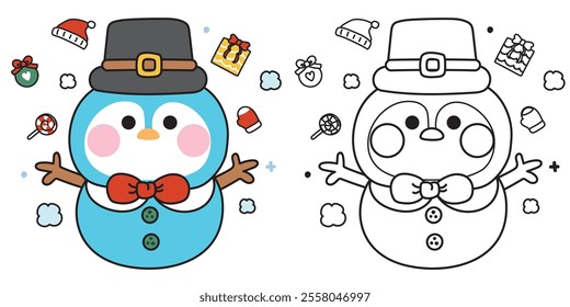 Coloring book.Painting book for kid.School.Page.Merry christmas.Happy new year festival.Winter.Cute penguin wear bow and hat in snowman.Santa hat,candy,gift,ball,glove,snow.Polar bird animal cartoon.