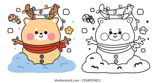 Coloring book.Painting book for kid.School.Page.Merry christmas.Happy new year festival.Winter.Cute deer wear scarf in snowman with star and candy.Christmas light.Wild animal character cartoon.Kawaii.